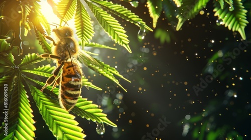  A tight shot of a plant with a bee perched on its leaf backward  under the radiant sun rays filtering through the foliage