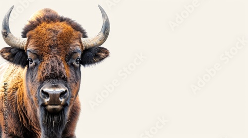  A tight shot of a bison's massive head, adorned with extremely long horns, and featuring a large, round, black nostril