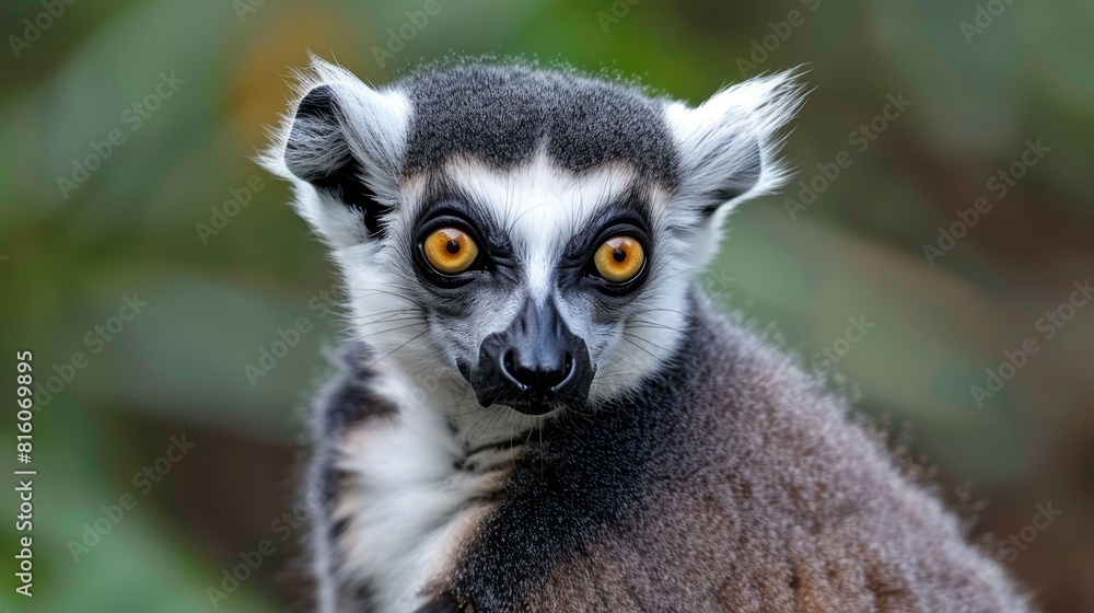 A tight shot of a ring-tailed lemur gazing intently into the camera A tight shot of a ring-tailed lemur gazing intently into the camera