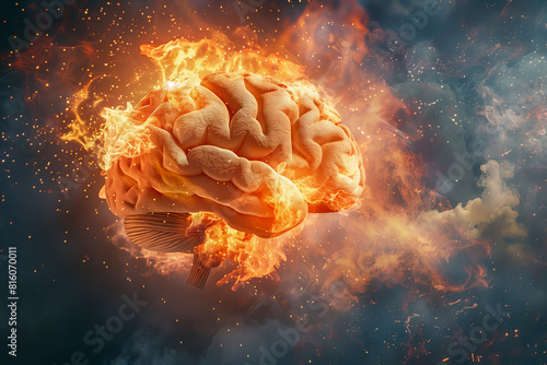 Front view of Brain on fire, exploding brain, disease concept like Parkinson's, Alzheimer's , dementia or Multiple Sclerosis photo