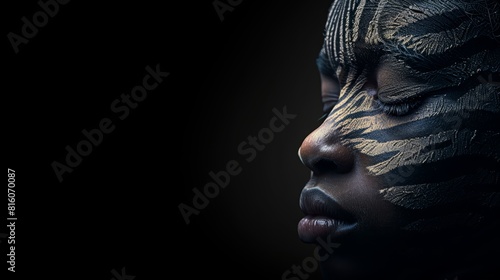  A tight shot of a woman s face adorned with a zebra pattern against a backdrop of absolute blackness