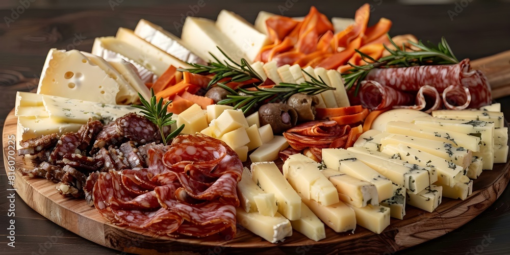 Captivating Presentation of Gourmet Cheese and Charcuterie Platter with Complementary Pairings. Concept Food Styling, Gourmet Presentation, Cheese and Charcuterie, Complementary Pairings Captivating Presentation of Gourmet Cheese and Charcuterie Platter with Complementary Pairings. Concept Food Styling, Gourmet Presentation, Cheese and Charcuterie, Complementary Pairings