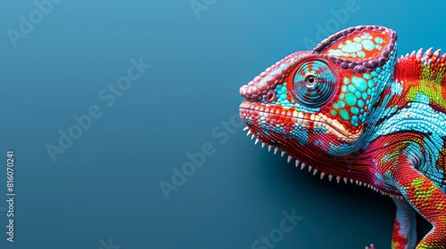  A tight shot of a vibrant chameleon against a blue backdrop  mirrored by its head s reflection in the surface