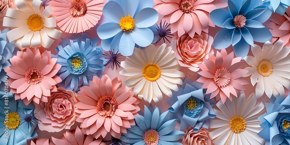 Colorful paper flowers background, 3d rendering.