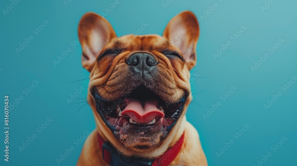  A tight shot of a dog's face with its mouth agape and tongue extended