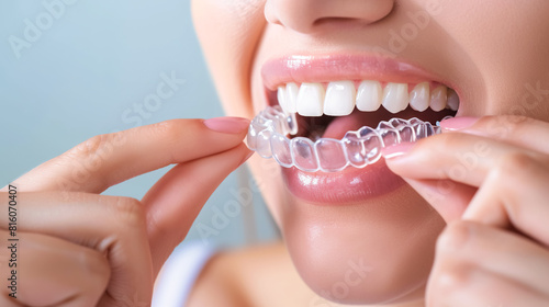 A woman puts on an invisible silicone aligner for her teeth. Bite Correction Braces Orthodontic Silicone Transparent Teeth Aligner