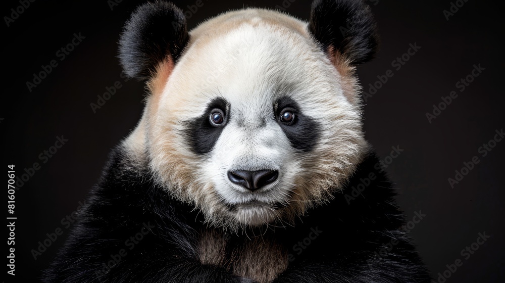 A tight shot of a panda's face gazing into the camera with solemn expression A tight shot of a panda's face gazing into the camera with solemn expression