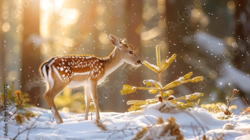  A small deer atop a snow-covered ground, nearby stands a pine tree likewise cloaked in snow photo