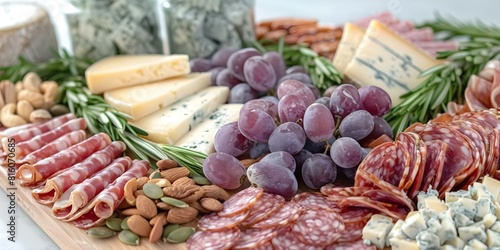 Artistic presentation of charcuterie board featuring cheeses, meats, nuts, and seeds. Concept Charcuterie Board Photography, Food Styling, Artistic Food Presentation, Gourmet Appetizers