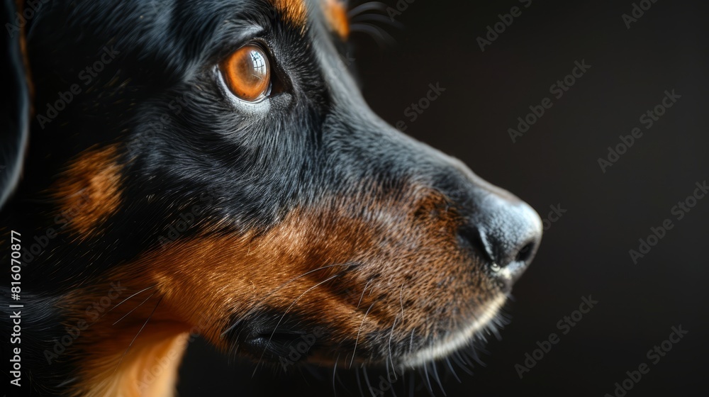A tight shot of a black and brown dog's expressive eyes, one featuring an orange mark A tight shot of a black and brown dog's expressive eyes, one featuring an orange mark