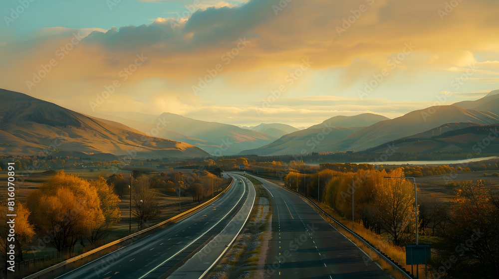 Highway outside the city receding into the highlands Travel concept : Generative AI