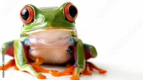  A green frog with red eyes sits on a white surface Orange paint droplets dot its legs