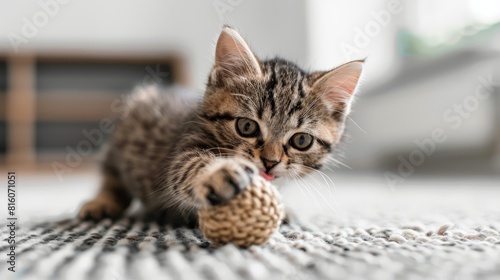  A small kitten engages with a toy on a carpeted floor in a room featuring white walls