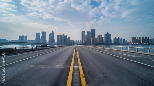 Asphalt road and bridge with modern city skyline in Ningbo Zhejiang Province China   Generative AI