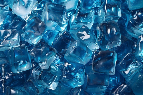 A close up of a pile of blue ice cubes