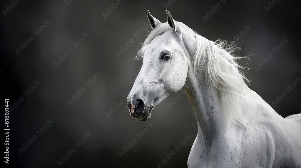 A white horse with a long mane stands against a black backdrop Its head is slightly blurred A white horse with a long mane stands against a black backdrop Its head is slightly blurred