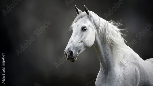  A white horse with a long mane stands against a black backdrop Its head is slightly blurred © Jevjenijs