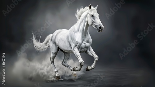  A white horse gallops in a monochrome photograph  foreground featuring a splash of water