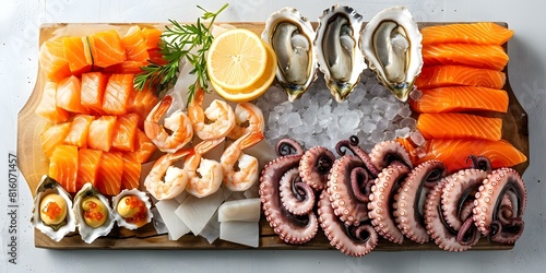 Oceanic Charcuterie Delights: Shrimp, Oysters, Fish, and Octopus. Concept Seafood Platter, Ocean-inspired Snacks, Underwater-themed Grazing, Seafood Galore, Oceanic Meat and Cheese