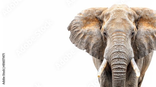  A tight shot of an elephant s face with curled tusks against a pristine white backdrop