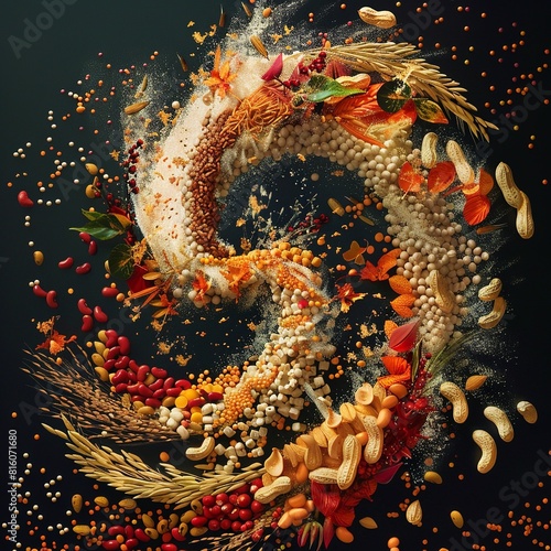 Festive poster for the Chinese Lapa Festival, made of rice, millet, corn, barley, jujube, lotus seeds, peanuts, cinnamon and various beans, convergence into a swirling vortex-like shape is the focus  photo