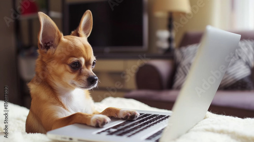 Cachorrinho chihuahua sentado no computador portátil. Filhote de cachorro inteligente usando computador para aprendizagem on-line, treinamento, compras, comunicação. Trabalho remoto em casa. photo