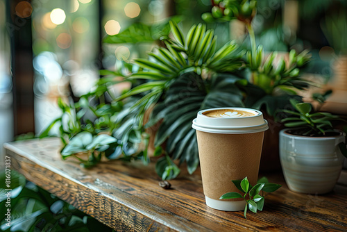 A coffee cup on the table in front of green plants, surrounded by plants and trees. The background is blurred with natural light. Created with Ai