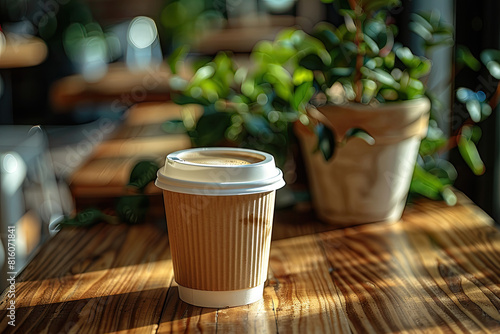 A close-up shot of an unbranded paper coffee cup with a white lid sitting on a table in front, placed inside a modern outdoor cafe adorned with potted plants and string lights. Created with Ai photo