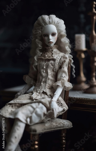 Antique doll with pale skin and vintage dress in a dimly lit room. Ideal for vintage art  historical themes  and gothic designs.