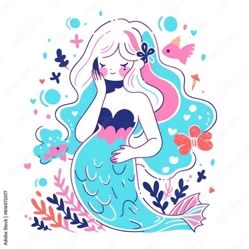 A cute cartoon mermaid surrounded by sea creatures and plants in vibrant colors. Perfect for children's books, posters, and underwater-themed decorations. A cute cartoon mermaid surrounded by sea creatures and plants in vibrant colors. Perfect for children's books, posters, and underwater-themed decorations.