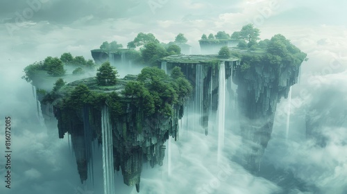 3d Surreal landscape with floating islands and cascading waterfalls  shrouded in mist and mystery