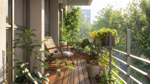 Linda varanda ou terraço com piso de madeira, cadeira e plantas com flores verdes em vasos. Área aconchegante e relaxante em casa. Terraço ensolarado e elegante na cidade photo