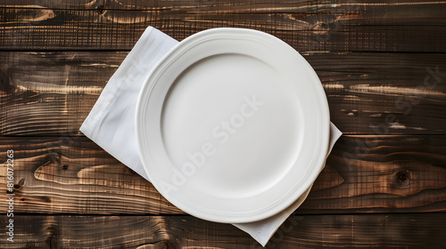 Empty white circle plate on wooden table with linen napkin Overhead view : Generative AI