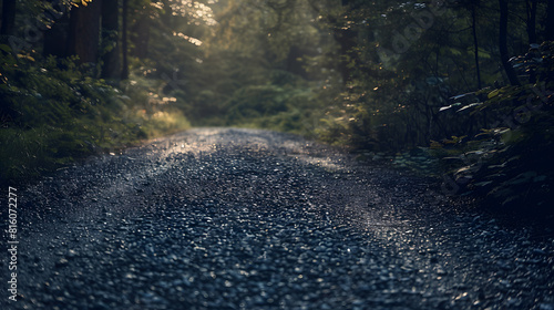 dark gravel pathway road in evening forest with low light effect in green summer  vintage film look   Generative AI