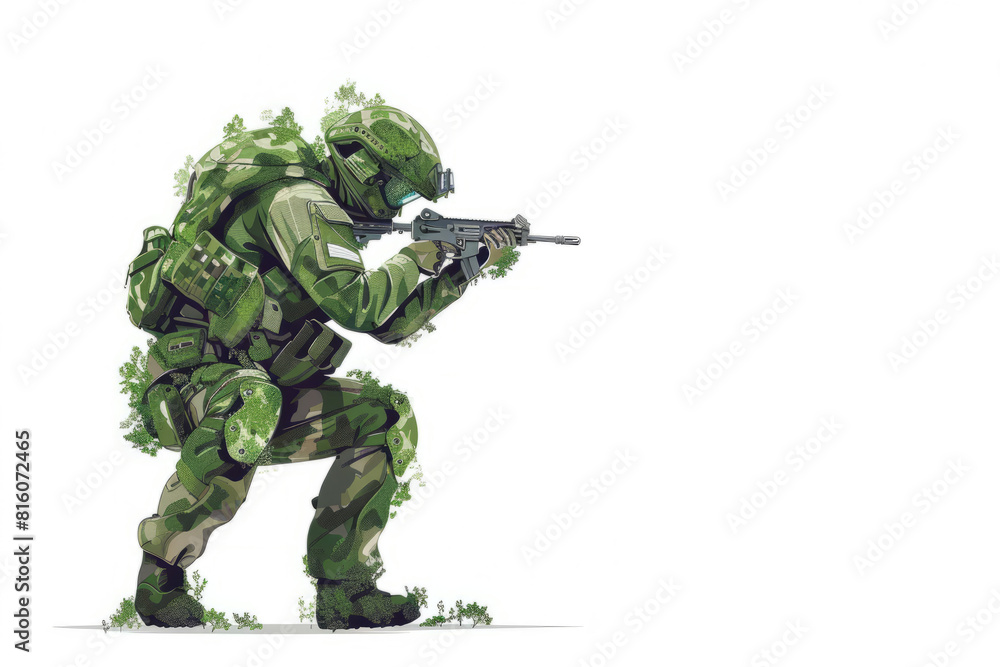 Biomorphic Stealth Trooper : A soldier with a camouflaging exoskeleton, merging with the environment, on a pure white stage. Biomorphic Stealth Trooper : A soldier with a camouflaging exoskeleton, merging with the environment, on a pure white stage.