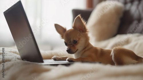 Cachorrinho chihuahua sentado no computador portátil. Filhote de cachorro inteligente usando computador para aprendizagem on-line, treinamento, compras, comunicação. Trabalho remoto em casa. photo