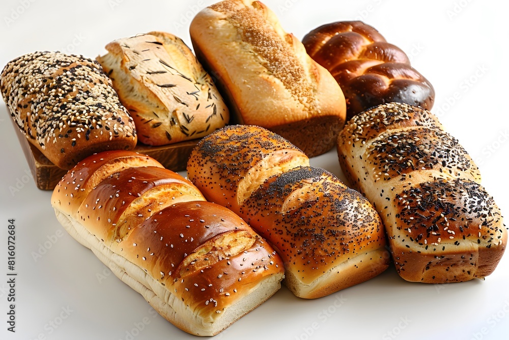 Assortment of breads and rolls on a white surface Assortment of breads and rolls on a white surface