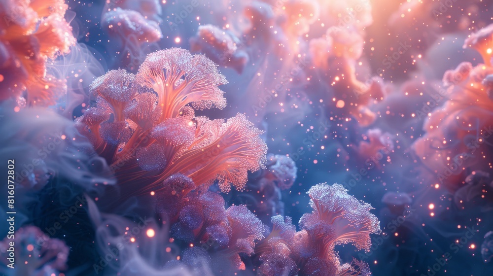 Naklejka premium 3d Organic forms resembling coral reefs and underwater creatures, bathed in soft, ethereal light