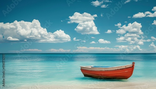 Boat in turquoise ocean water against blue sky with white clouds © qorqudlu