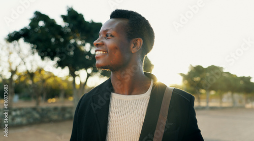 Canvas-taulu Portrait, black man and thinking for commute to work, professional and travel to office