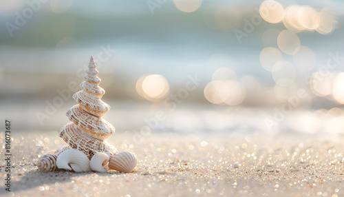 A small seashell Christmas tree on the beach with copy space, perfect for holiday or summer vacation-themed designs.