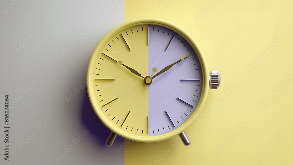 a retro pastel yellow classic alarm clock set against a split yellow and beige-gray background a retro pastel yellow classic alarm clock set against a split yellow and beige-gray background