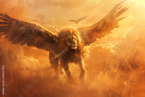 World where animals have evolved to possess characteristics of different species. Hybrid creature blending the features of a lion, eagle, and serpent, roaming a diverse world photo