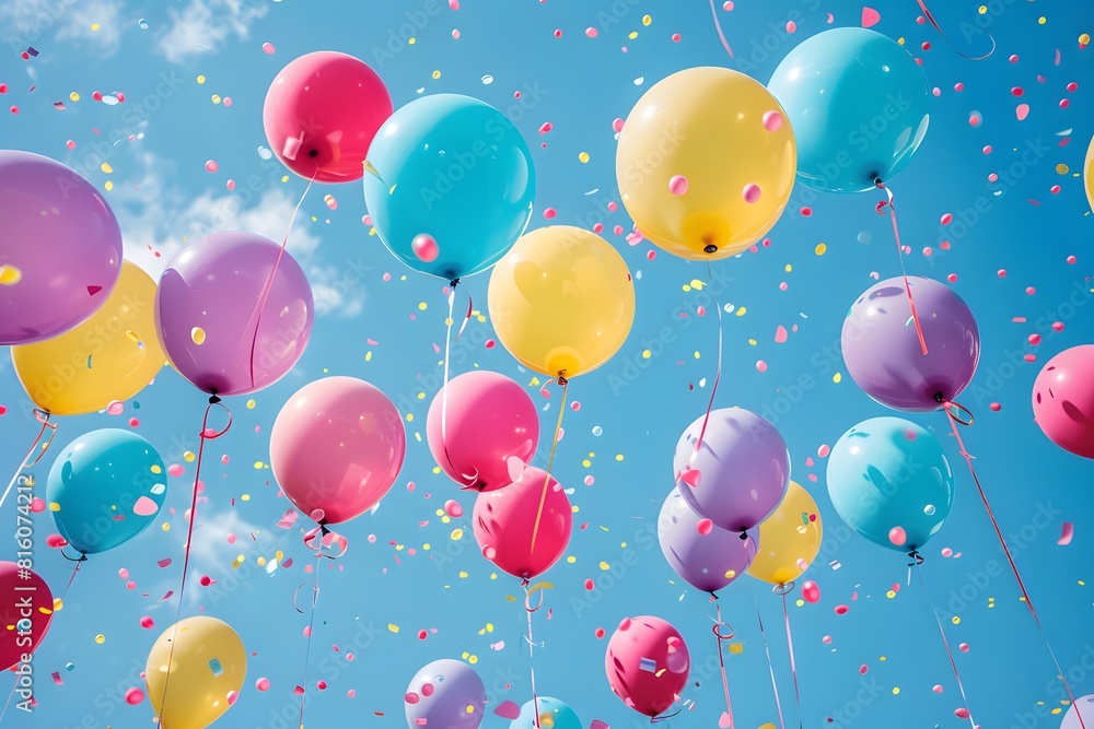 Colorful balloons soar as confetti falls down Colorful balloons soar as confetti falls down