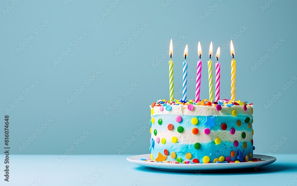 A birthday cake with colorful candles against a pastel blue background, in a minimalistic style, with high resolution photography, leaving copy space on the photo A birthday cake with colorful candles against a pastel blue background, in a minimalistic style, with high resolution photography, leaving copy space on the photo