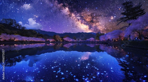 A vast mirror reflects a galaxy of stars, merging the terrestrial beauty of blooms . Generative Ai photo