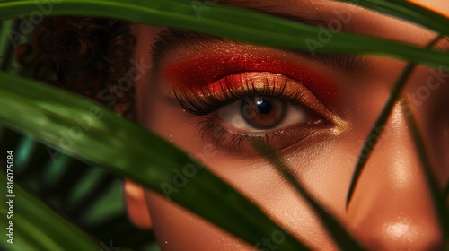 Closeup of eye makeup featuring vibrant red and gold shades, perfect for beauty photography, cosmetic designs, and fashion editorials