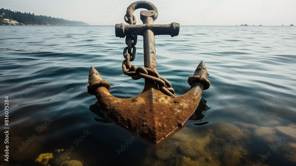 Fototapeta premium Old and abandoned anchor underwater in seaweed