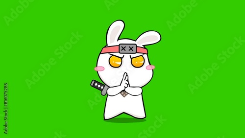Animated ninja rabbit casting spells and bursting with excitement on green screen background