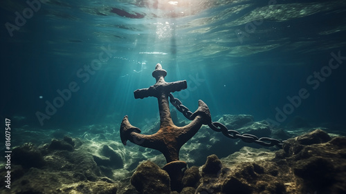 Old and abandoned anchor underwater in seaweed photo